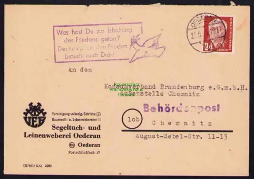 B19598 Brief DDR Propaganda Oederan 1951 Was hast Du zur Erhaltung des Friedens