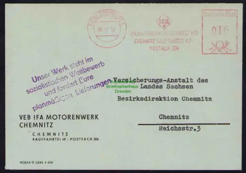 B19607 Brief DDR Propaganda Chemnitz 1952 Unser Werk IFA planmäßige Lieferungen