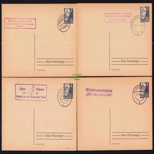 B19661 4x blanko Karte DDR Propaganda Wismar Demmin Goldberg Meckl. Cottbus 1950