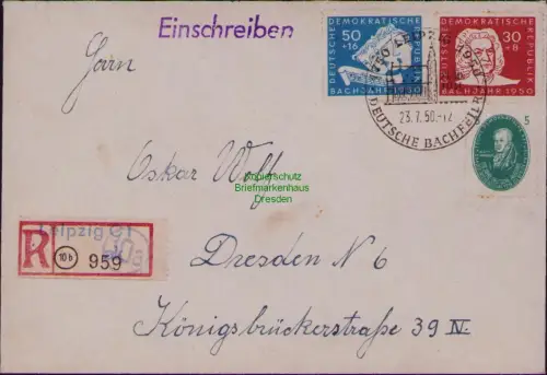 B19677 R-Brief DDR 258 259 262 Leipzig 1950 SST Bachfeier nach Dresden