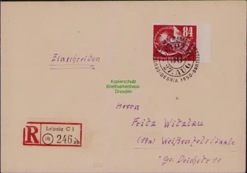 B19679 R-Brief DDR 260 Debria 1950 SST von der Ausstellung 27. Aug. n Weißenfels