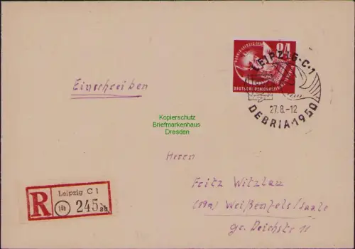 B19680 R-Brief DDR 260 Debria 1950 SST von der Ausstellung 27. Aug. nach Weißenf