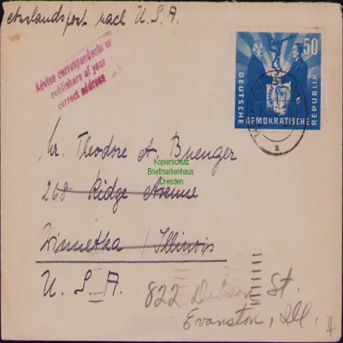 B19712 Brief DDR Deutsch-polnische Freundschaft 285 EF Möckern - USA 1951