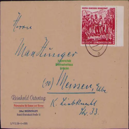 B19716 Brief DDR Deutsch-chinesische Freundschaft 287 Meiningen - Meissen 1951