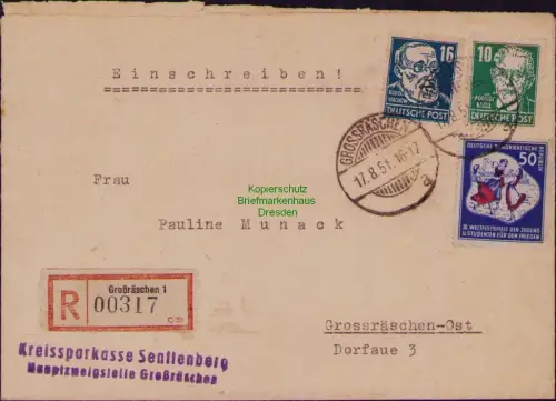B19721 Brief DDR 292 Weltfestspiele 1951 R-Brief Einschreiben Grossräschen Ortsb
