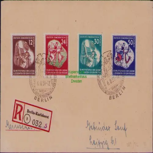 B19722 Brief DDR 289 - 292 1951 Weltfestspiele der Jugend und Studenten Berlin