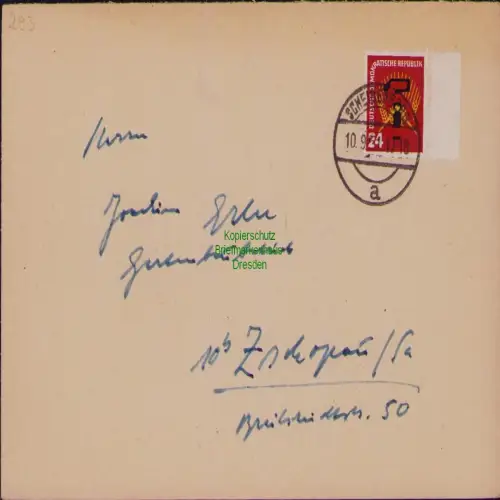 B19724 Brief DDR 293 EF Einzelfrankatur Scheibenberg 1951 nach Zschopau