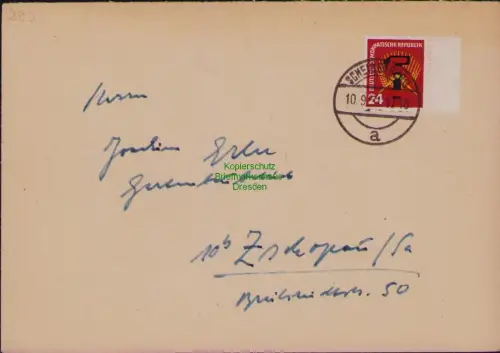 B19724 Brief DDR 293 EF Einzelfrankatur Scheibenberg 1951 nach Zschopau
