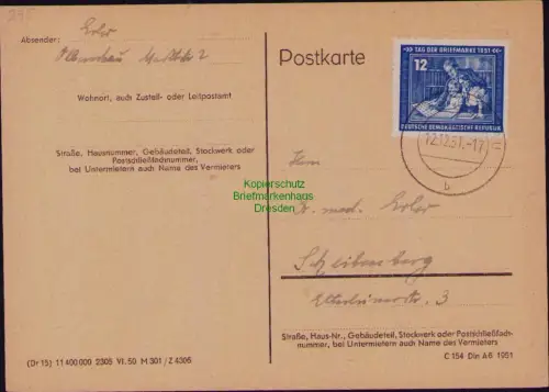 B19725 Postkarte DDR 295 Tag der Briefmarke EF Einzelfrankatur Olbernhau 1951