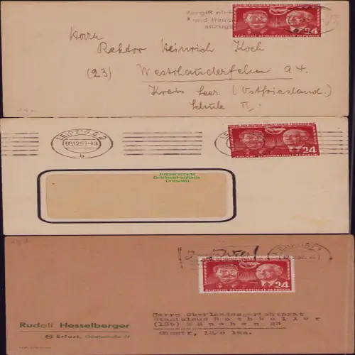 B19728 3x Brief DDR 297 Deutsch-sowjetische Freundschaft EF Erfurt Leipzig Magde