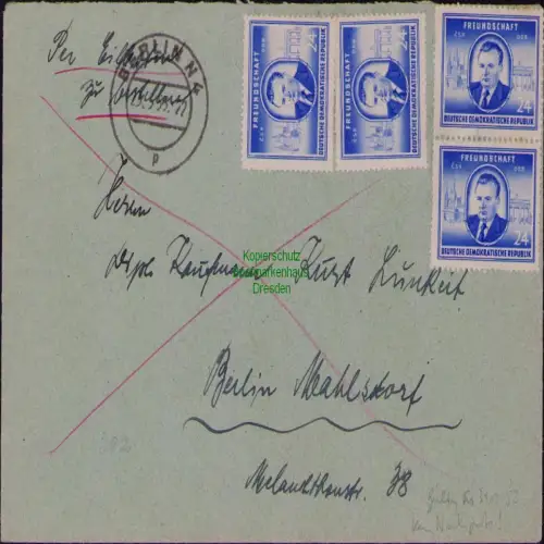 B19734 Brief DDR 302 Klement Gottwald EF 1952 stille Zensur Verschlußstreifen