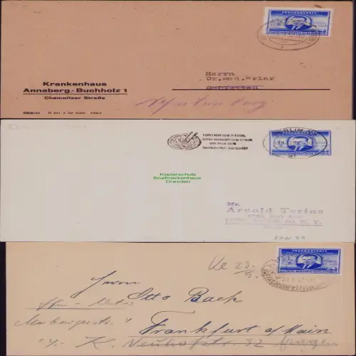 B19735 3x Brief DDR 302 Klement Gottwald EF 1952 Meiningen Berlin Annaberg
