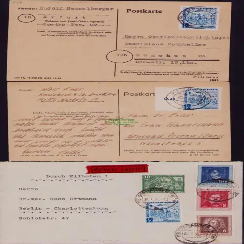 B19736 3x Brief / Postkarte DDR 307 2x EF Erfurt Radebeul 1x MiF Eilboten