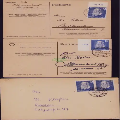 B19740 3x Brief Postkarte DDR 317 EF MeF Olbernhau Scheibenberg 1953 Berlin 1952