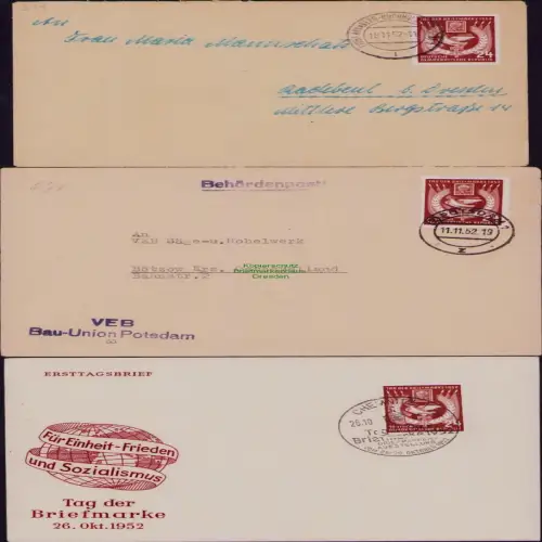 B19742 3x Brief DDR 319 Tag der Briefmarke 1952 EF 1x FDC