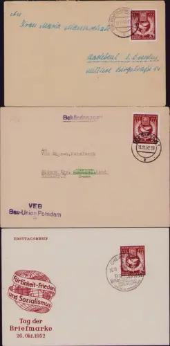 B19742 3x Brief DDR 319 Tag der Briefmarke 1952 EF 1x FDC