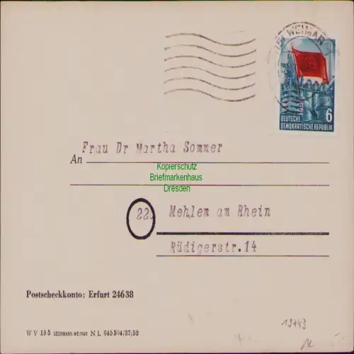 B19743 Postkarte DDR 344 Goethe Gesellschaft Weimar 1953 Mitgliedskarte
