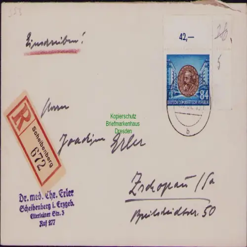 B19744 Brief DDR 353 EF Karl Marx Einschreiben R-Brief Scheibenberg 1954