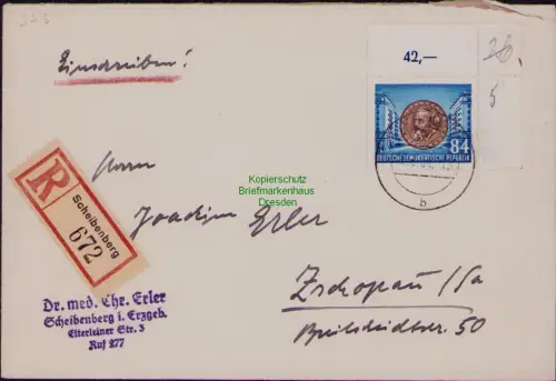B19744 Brief DDR 353 EF Karl Marx Einschreiben R-Brief Scheibenberg 1954