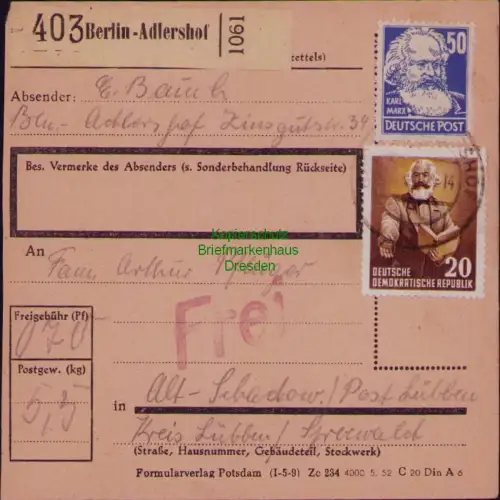 B19746 Paketkarte DDR 348 MiF Berlin Adlershof 1953