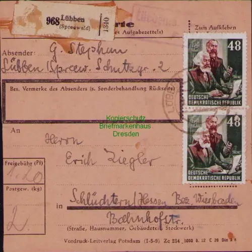 B19747 Paketkarte DDR 351 MiF Lübben nach Schlüchtern Hessen BRD 1953