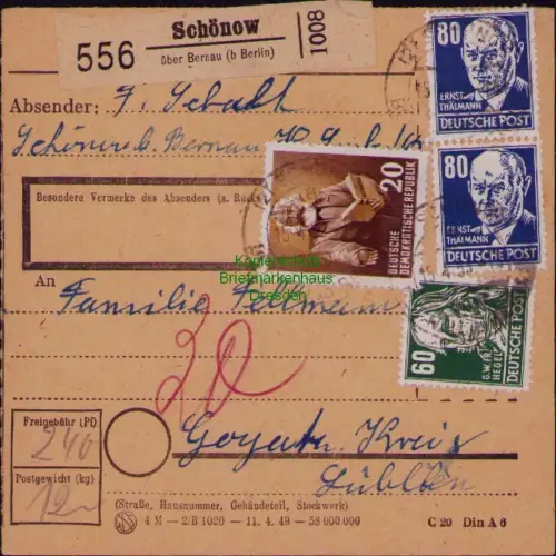 B19748 Paketkarte DDR 348 MiF Schönow über Bernau b. Berlin nach Goyatz 1953