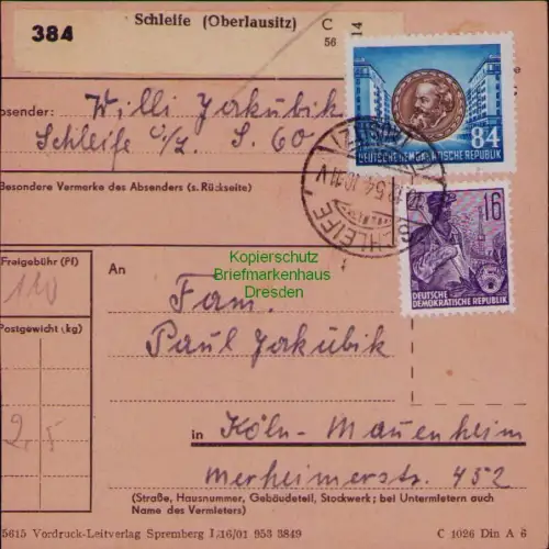B19749 Paketkarte DDR 353 MiF Schleife Oberlausitz nach Köln Mauenheim 1954