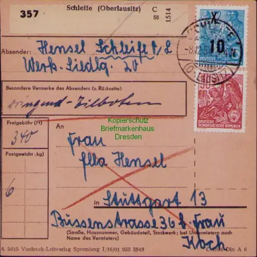B19750 Paketkarte DDR 353 MiF Schleife Oberlausitz nach Stuttgart 1954