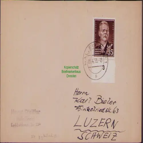 B19751 Brief DDR 354 85. Geburtstag von Maksim Gorkij seltene EF in die Schweiz