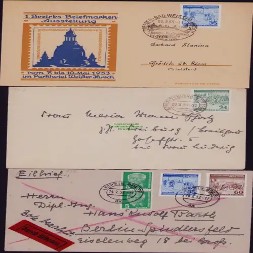 B19753 3x Brief DDR 355 356 357 EF MiF Eilboten 1953 Leipzig - Berlin Spindlersf