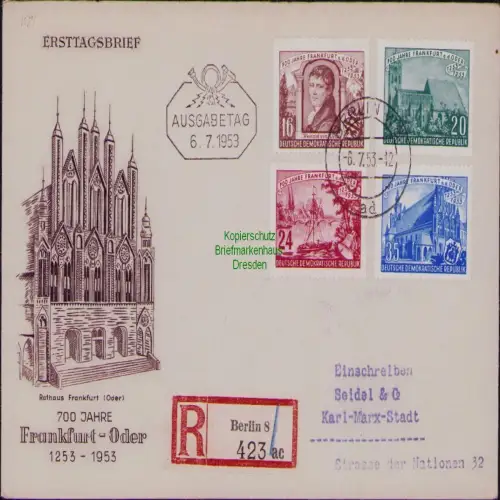 B19756 Brief DDR 358 - 361 700 Jahre Frankfurt Oder amtlicher FDC 1953