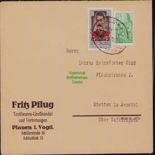 B19758 Brief DDR 363 425 Stalin Bahnpost Leipzig - Hof 1954