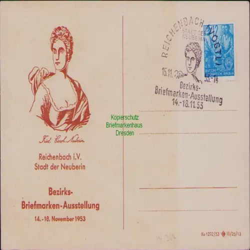 B19760 Postkarte DDR 367 Reichenbach Vogtland Stadt der Neuberin SST Ausstellung