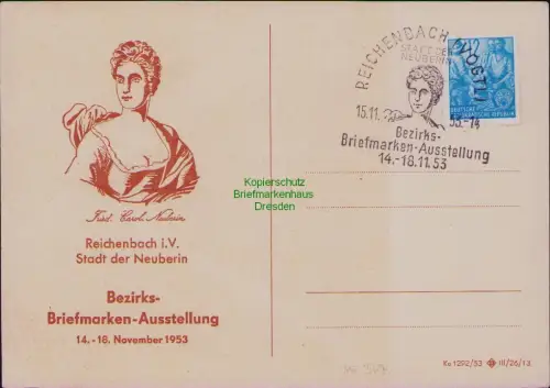 B19760 Postkarte DDR 367 Reichenbach Vogtland Stadt der Neuberin SST Ausstellung
