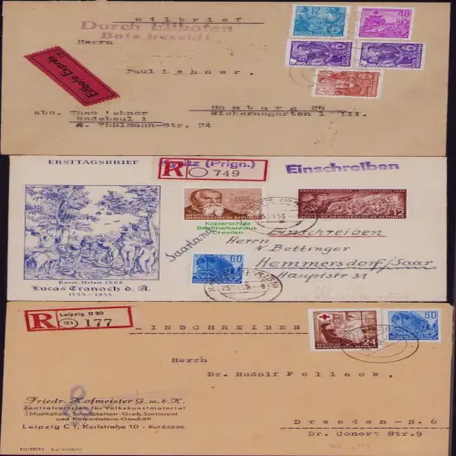 B19762 3x R-Brief DDR Einschreiben 384 385 Eilboten Express nach Hamburg 1954