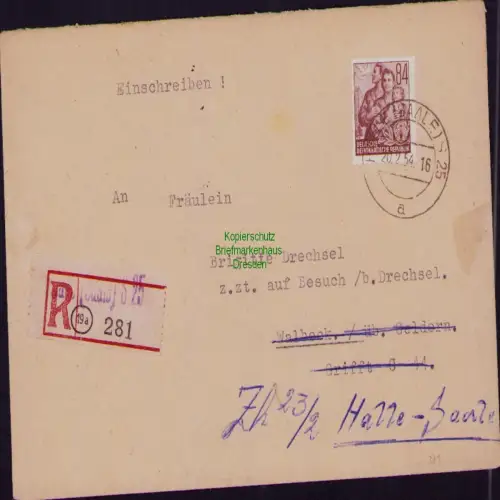 B19763 R-Brief DDR 379 DS FJP 84 Pfg. Halle Saale nach Walbeck und zurück 1954