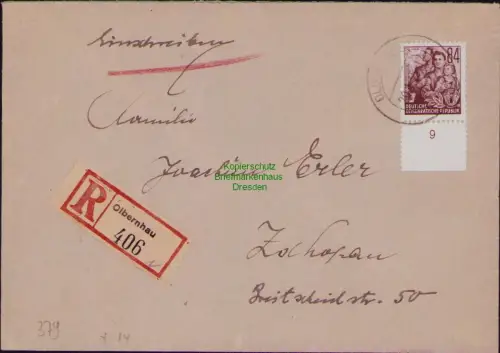 B19764 R-Brief DDR 379 DS FJP 84 Pfg. Olbernhau nach Zschopau 1955