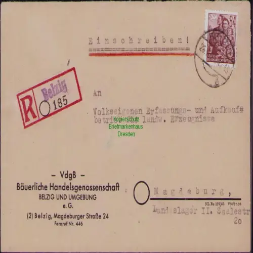 B19765 R-Brief DDR 379 DS FJP 84 Pfg. Belzig nach Magdeburg 1954