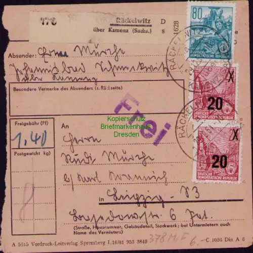 B19766 Paketkarte DDR 378 3x 439 Räckelwitz über Kamenz nach Leipzig 1954