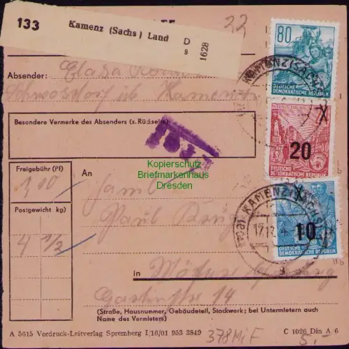 B19767 Paketkarte DDR 378 437 439 MiF Kamenz Sachs. Land Schwosdorf Landpost