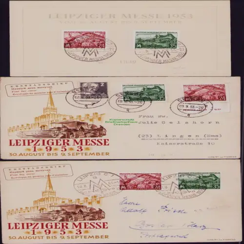 B19768 3x Brief DDR 380 381 Leipziger Messe 1953 1x Nummeriertes Gedenkblatt