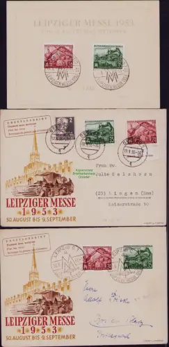 B19768 3x Brief DDR 380 381 Leipziger Messe 1953 1x Nummeriertes Gedenkblatt