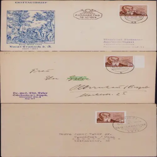 B19770 3x Brief DDR 384 Cranach privater + amtlicher FDC 1953 Bedarfsbrief 1954