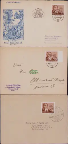 B19770 3x Brief DDR 384 Cranach privater + amtlicher FDC 1953 Bedarfsbrief 1954