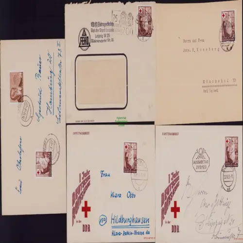 B19771 5x Brief DDR 385 DRK Rotes Kreuz privater + amtlicher FDC 1953 Bedarfsbri