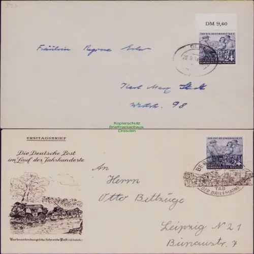 B19772 2x Brief DDR 396 Tag der Briefmarke 1953 1x amtlicher FDC