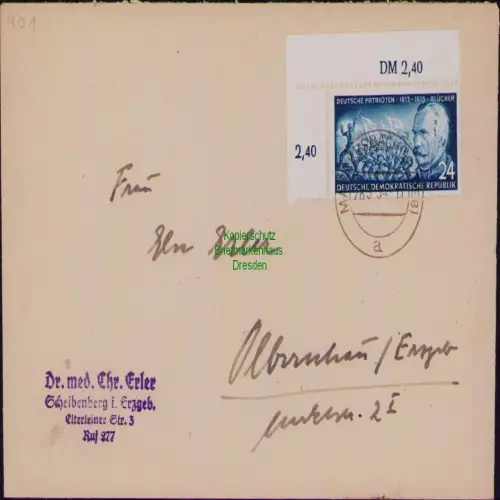 B19776 Brief DDR 400 EF Einzelfrankatur 1954 Bogenecke