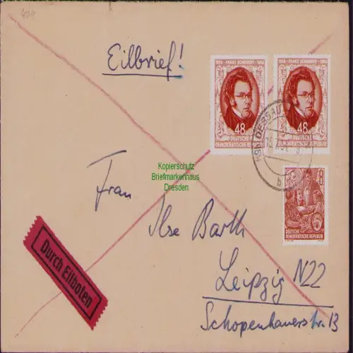 B19778 Brief DDR 2x 404 Franz Schubert 1954 + 4088 Eilbrief Dessau nach Leipzig