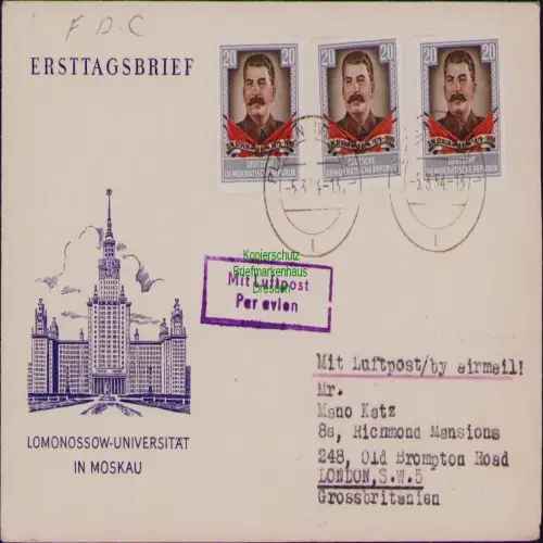 B19783 Brief DDR 3x 425 Stalin Luftpost Plauen Vogtl. nach London GB 1954 FDC