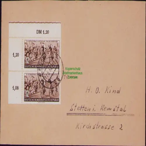 B19785 Brief DDR 2x 426 MeF Bogenecke 1954 Internationale Radfernfahrt für den F